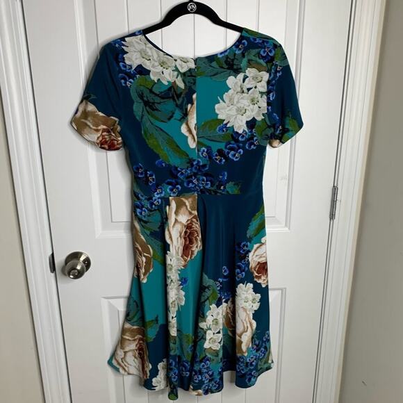 Anthropologie Corey Lynn Calter‎ floral pleated teal fit n flare dress size 6 - Picture 3 of 7